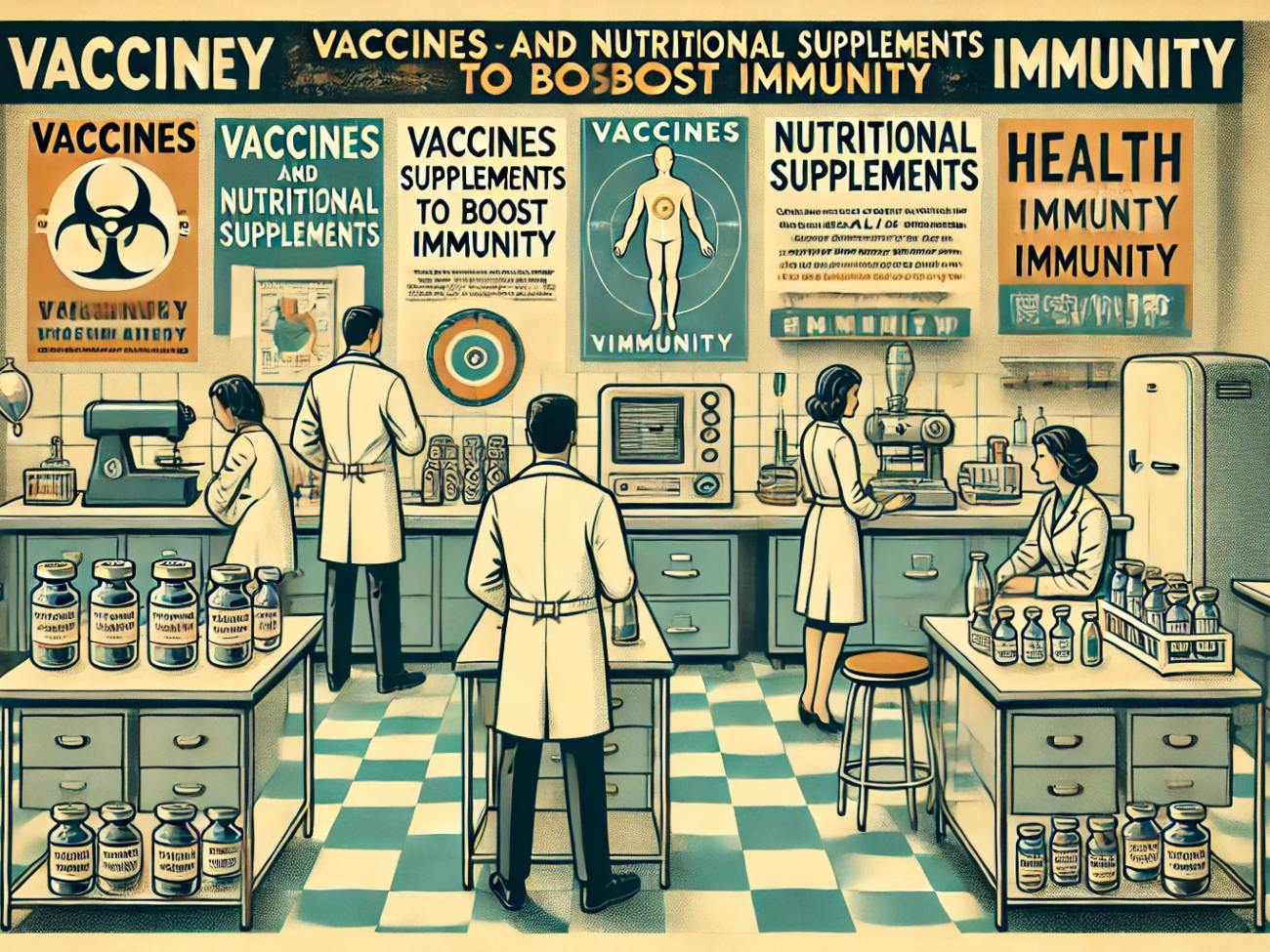 DALL·E 2024-06-28 13.57.36 - A 1960s-themed illustration showing scientists in a retro lab setting working on vaccines and nutritional supplements to boost immunity. The scene inc