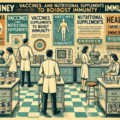 DALL·E 2024-06-28 13.57.36 - A 1960s-themed illustration showing scientists in a retro lab setting working on vaccines and nutritional supplements to boost immunity. The scene inc
