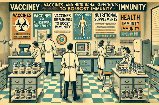 DALL·E 2024-06-28 13.57.36 - A 1960s-themed illustration showing scientists in a retro lab setting working on vaccines and nutritional supplements to boost immunity. The scene inc