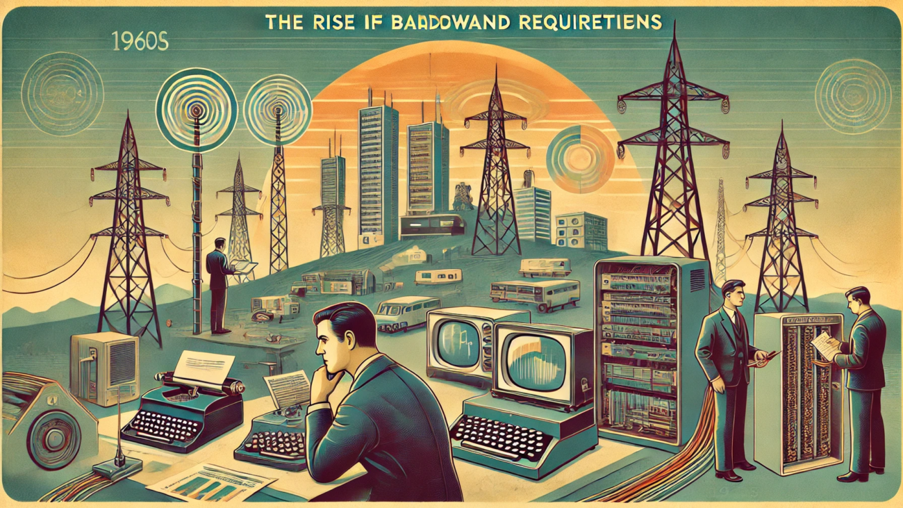 DALL·E 2024-06-28 14.09.35 - A 1960s-themed wide illustration depicting the rise in bandwidth requirements with the advent of digital infrastructure. The scene includes retro comp