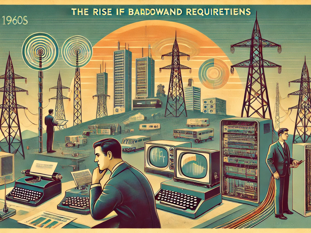 DALL·E 2024-06-28 14.09.35 - A 1960s-themed wide illustration depicting the rise in bandwidth requirements with the advent of digital infrastructure. The scene includes retro comp