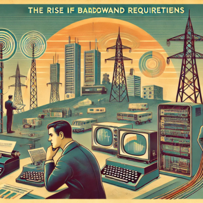 DALL·E 2024-06-28 14.09.35 - A 1960s-themed wide illustration depicting the rise in bandwidth requirements with the advent of digital infrastructure. The scene includes retro comp