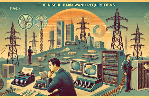 DALL·E 2024-06-28 14.09.35 - A 1960s-themed wide illustration depicting the rise in bandwidth requirements with the advent of digital infrastructure. The scene includes retro comp