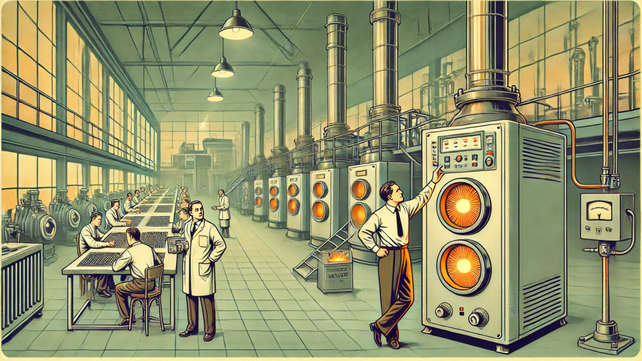 DALL·E 2024-06-28 14.21.32 - A 1960s-themed wide illustration depicting the use of semiconductor devices to convert heat energy into electricity. The scene includes a retro-styled