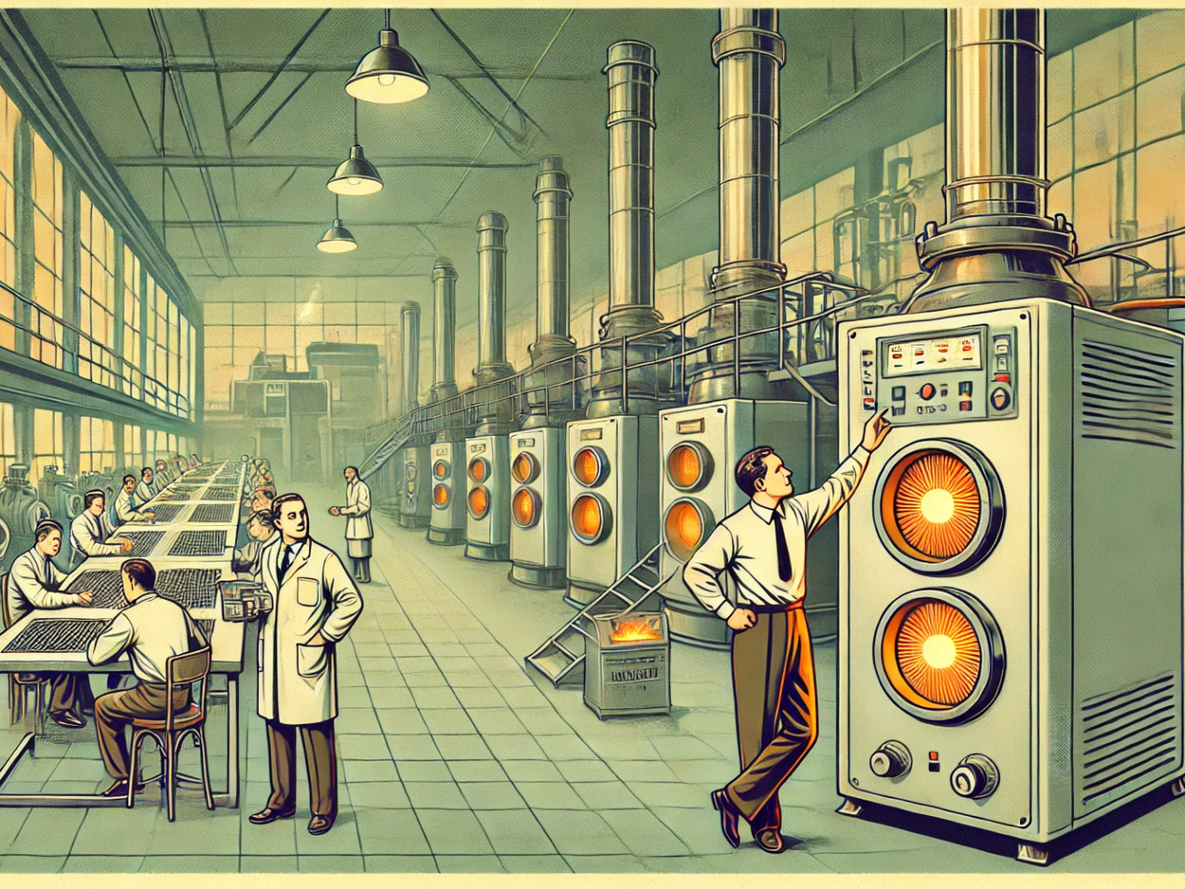 DALL·E 2024-06-28 14.21.32 - A 1960s-themed wide illustration depicting the use of semiconductor devices to convert heat energy into electricity. The scene includes a retro-styled