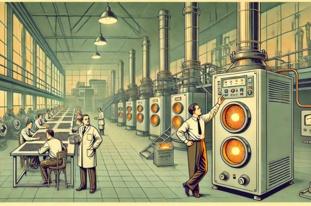 DALL·E 2024-06-28 14.21.32 - A 1960s-themed wide illustration depicting the use of semiconductor devices to convert heat energy into electricity. The scene includes a retro-styled