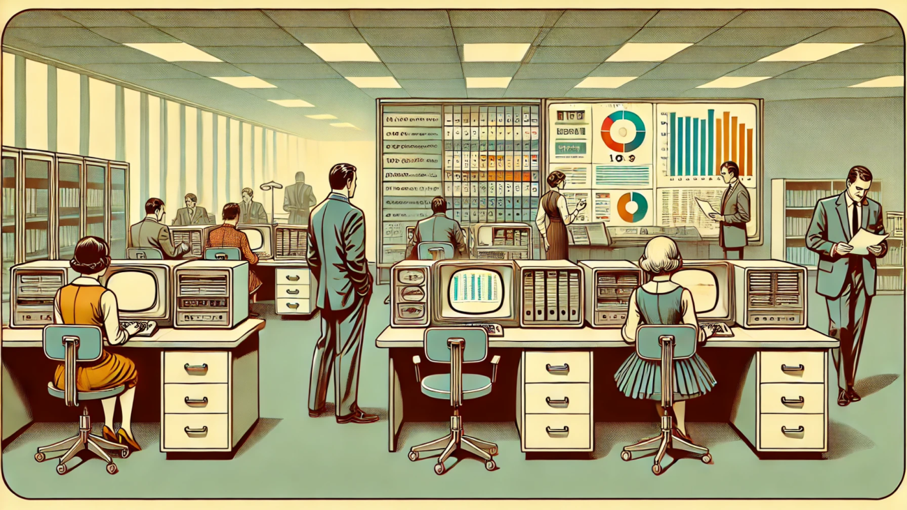 DALL·E 2024-06-28 14.33.24 - A 1960s-themed wide illustration depicting a retro office setting where HR managers use early computers and collaborative tools to manage employee per