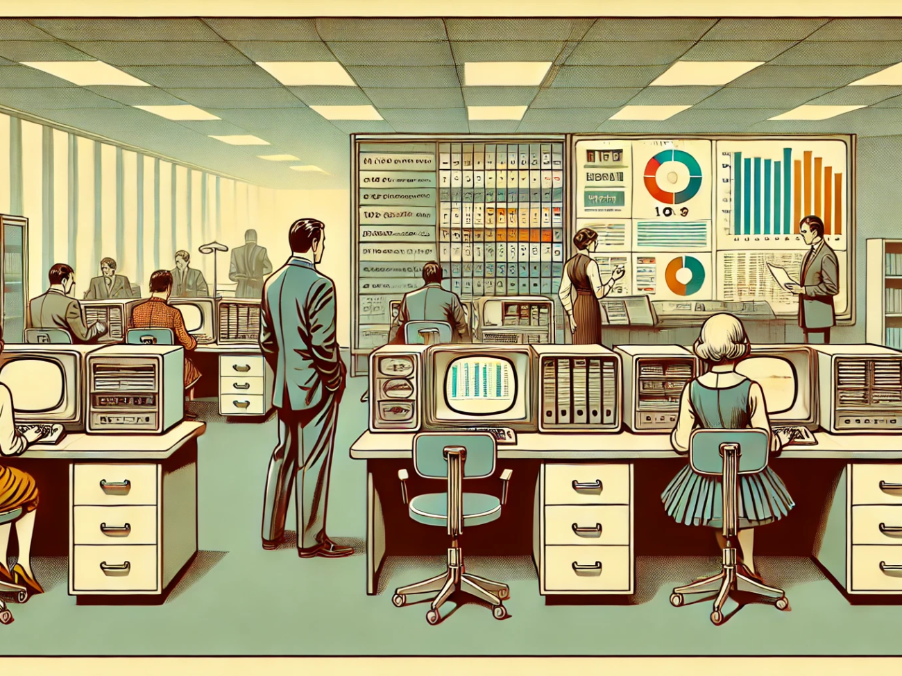 DALL·E 2024-06-28 14.33.24 - A 1960s-themed wide illustration depicting a retro office setting where HR managers use early computers and collaborative tools to manage employee per