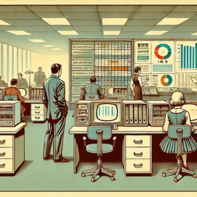 DALL·E 2024-06-28 14.33.24 - A 1960s-themed wide illustration depicting a retro office setting where HR managers use early computers and collaborative tools to manage employee per