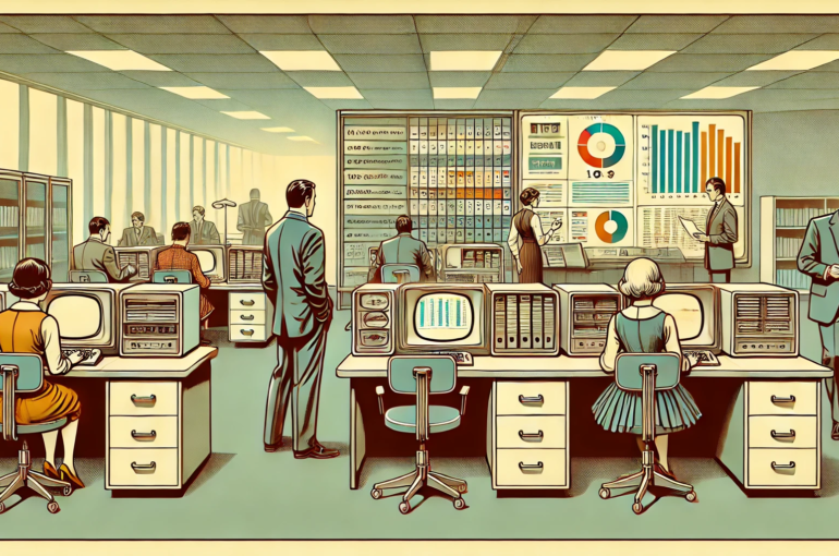 DALL·E 2024-06-28 14.33.24 - A 1960s-themed wide illustration depicting a retro office setting where HR managers use early computers and collaborative tools to manage employee per