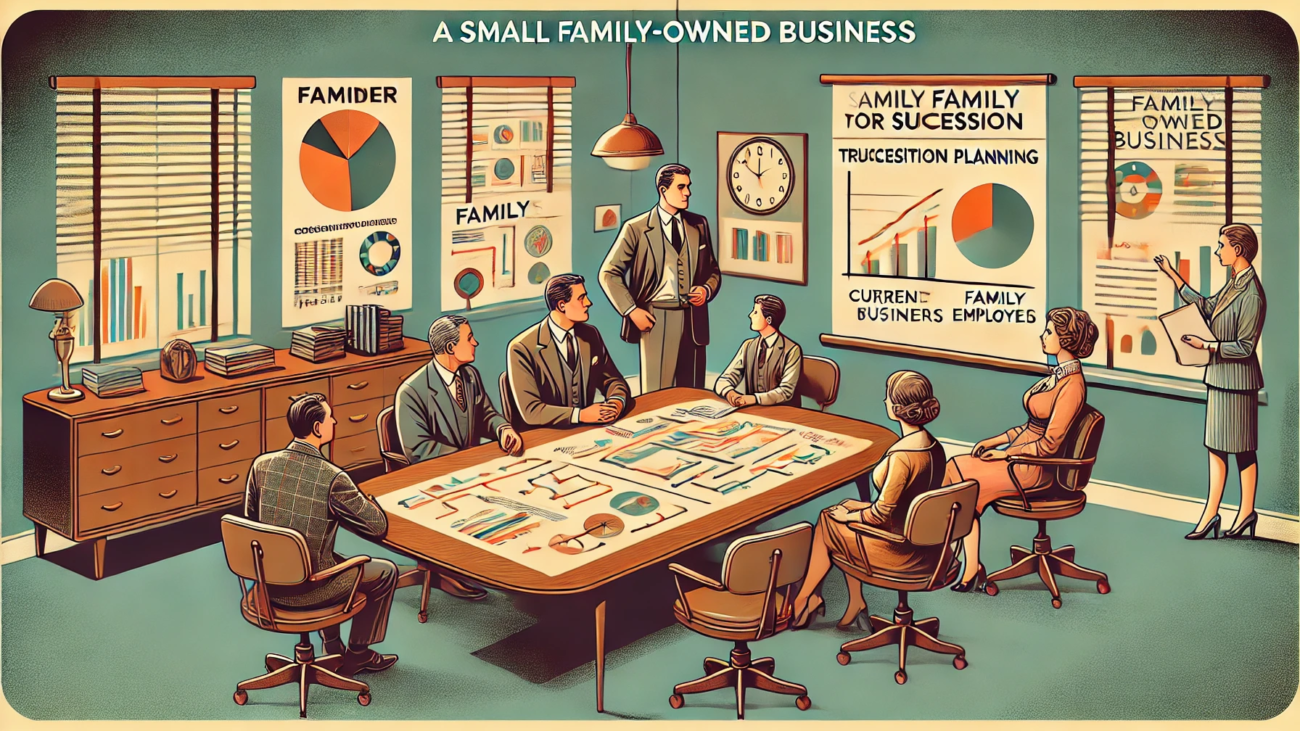 DALL·E 2024-06-28 15.28.18 - A 1960s-themed wide illustration showing a small family-owned business planning for succession. The scene includes a retro office with vintage furnitu