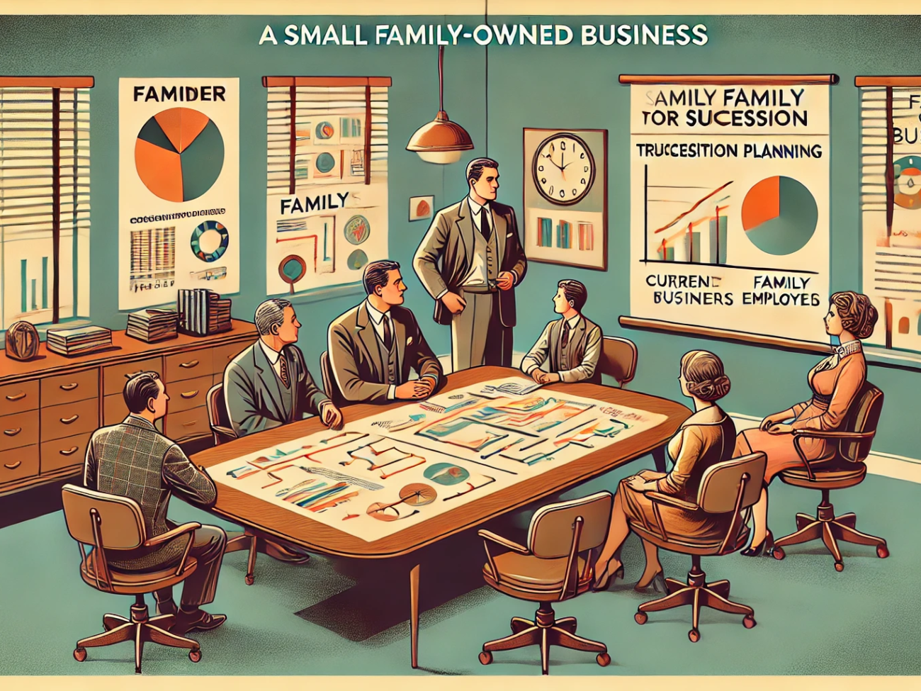 DALL·E 2024-06-28 15.28.18 - A 1960s-themed wide illustration showing a small family-owned business planning for succession. The scene includes a retro office with vintage furnitu