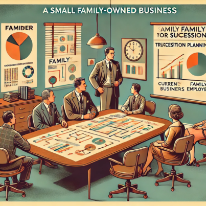 DALL·E 2024-06-28 15.28.18 - A 1960s-themed wide illustration showing a small family-owned business planning for succession. The scene includes a retro office with vintage furnitu