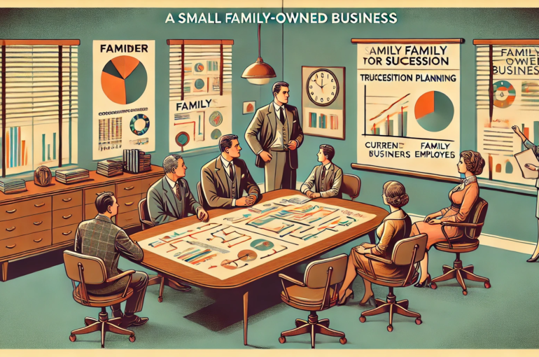 DALL·E 2024-06-28 15.28.18 - A 1960s-themed wide illustration showing a small family-owned business planning for succession. The scene includes a retro office with vintage furnitu