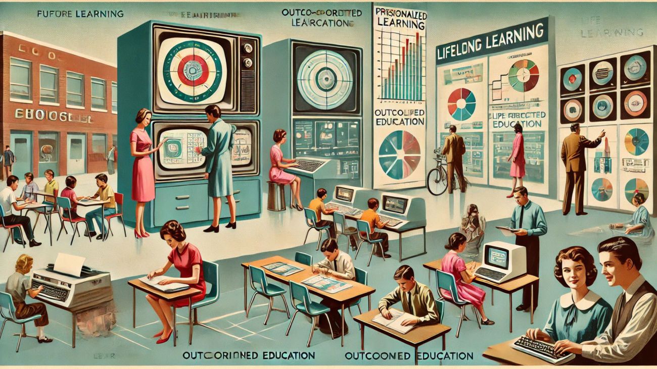 DALL·E 2024-06-28 16.19.16 - A 1960s-themed wide illustration showing a futuristic approach to education, featuring a mix of personalized learning and outcome-oriented education.