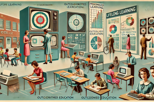 DALL·E 2024-06-28 16.19.16 - A 1960s-themed wide illustration showing a futuristic approach to education, featuring a mix of personalized learning and outcome-oriented education.