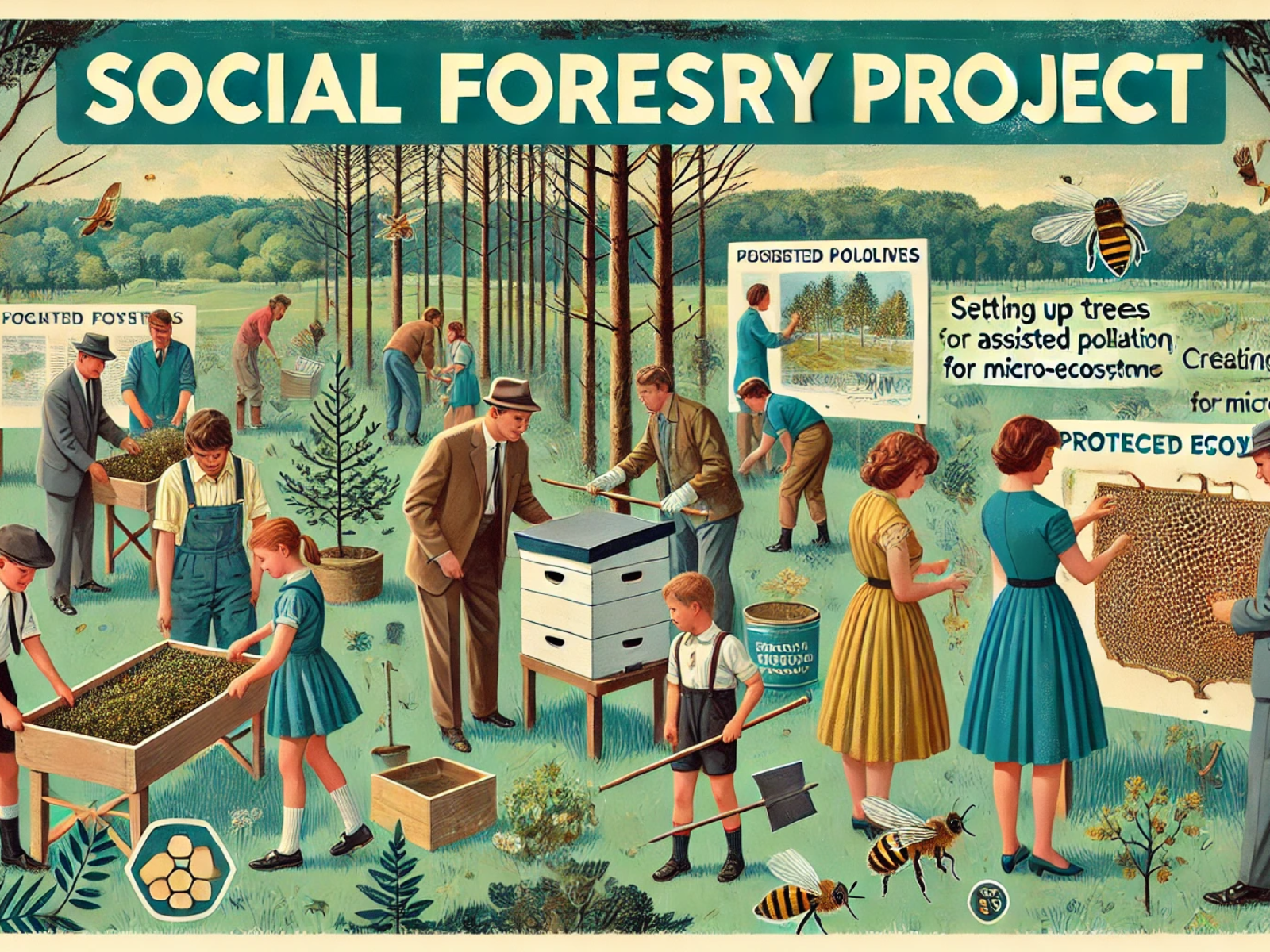 DALL·E 2024-06-28 16.44.33 - A 1960s-themed wide illustration depicting a social forestry project with a focus on community engagement. The scene shows volunteers in vintage attir