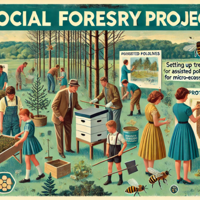 DALL·E 2024-06-28 16.44.33 - A 1960s-themed wide illustration depicting a social forestry project with a focus on community engagement. The scene shows volunteers in vintage attir