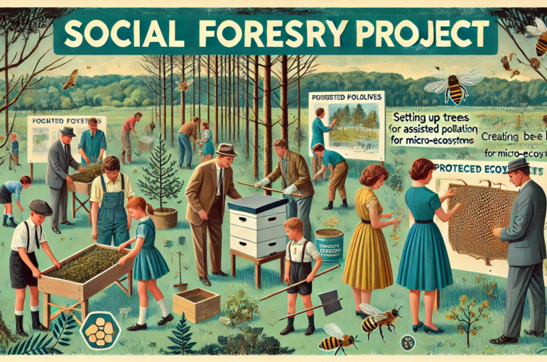 DALL·E 2024-06-28 16.44.33 - A 1960s-themed wide illustration depicting a social forestry project with a focus on community engagement. The scene shows volunteers in vintage attir