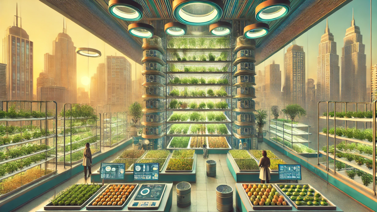 DALL·E 2024-06-28 16.53.27 - A wide image depicting a 1960s-themed vertical farm in a smart city building project. The scene includes hydroponics and aeroponics systems, with plan