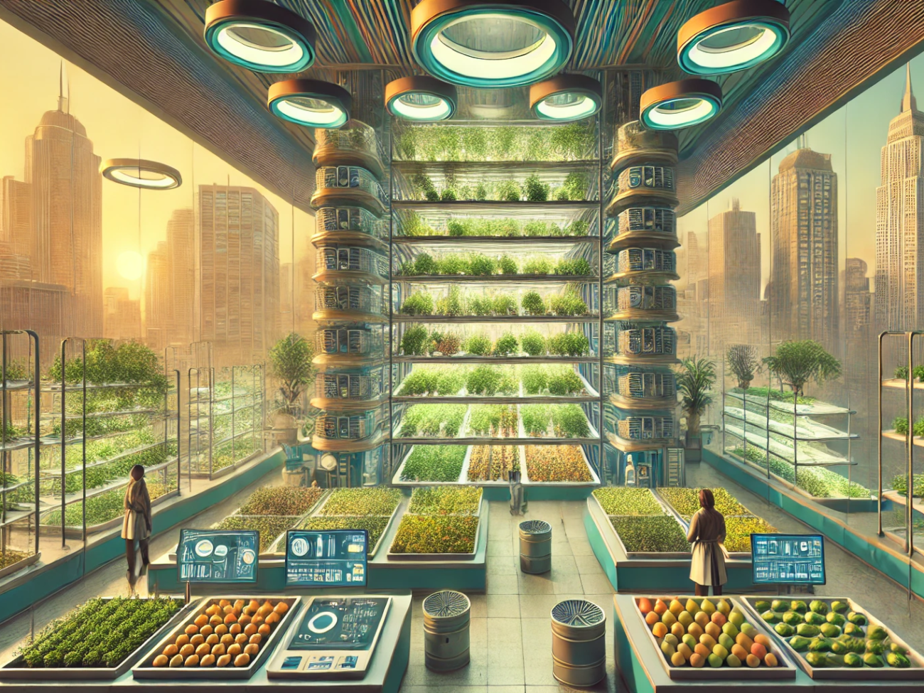 DALL·E 2024-06-28 16.53.27 - A wide image depicting a 1960s-themed vertical farm in a smart city building project. The scene includes hydroponics and aeroponics systems, with plan