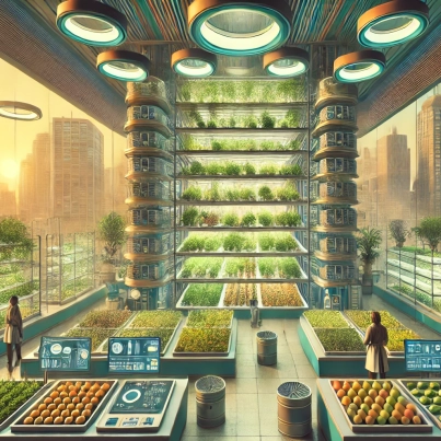 DALL·E 2024-06-28 16.53.27 - A wide image depicting a 1960s-themed vertical farm in a smart city building project. The scene includes hydroponics and aeroponics systems, with plan