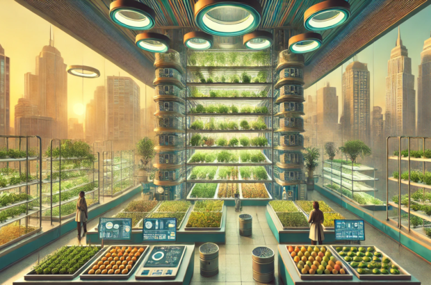 DALL·E 2024-06-28 16.53.27 - A wide image depicting a 1960s-themed vertical farm in a smart city building project. The scene includes hydroponics and aeroponics systems, with plan