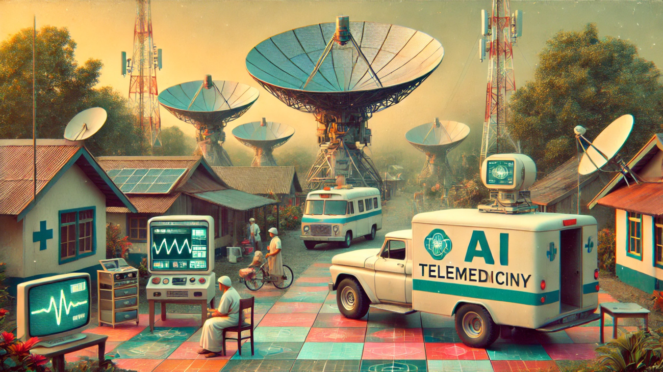 DALL·E 2024-06-28 17.02.21 - A wide image with a 1960s theme showing a telemedicine setup in a rural, underserved area. The scene includes satellite dishes for internet connectivi