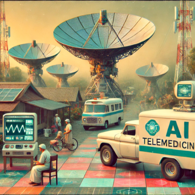 DALL·E 2024-06-28 17.02.21 - A wide image with a 1960s theme showing a telemedicine setup in a rural, underserved area. The scene includes satellite dishes for internet connectivi