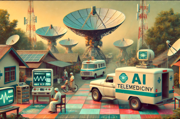 DALL·E 2024-06-28 17.02.21 - A wide image with a 1960s theme showing a telemedicine setup in a rural, underserved area. The scene includes satellite dishes for internet connectivi