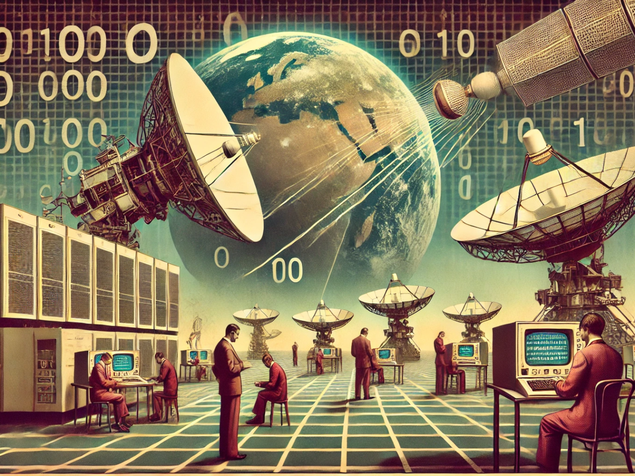 DALL·E 2024-06-28 17.17.57 - A wide image with a 1960s theme illustrating satellite internet technology. The scene includes a satellite orbiting Earth, multiple ground stations wi