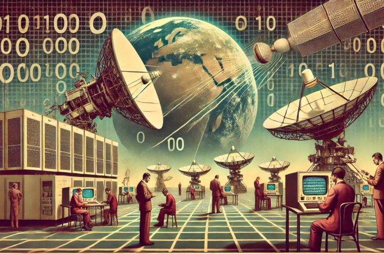 DALL·E 2024-06-28 17.17.57 - A wide image with a 1960s theme illustrating satellite internet technology. The scene includes a satellite orbiting Earth, multiple ground stations wi