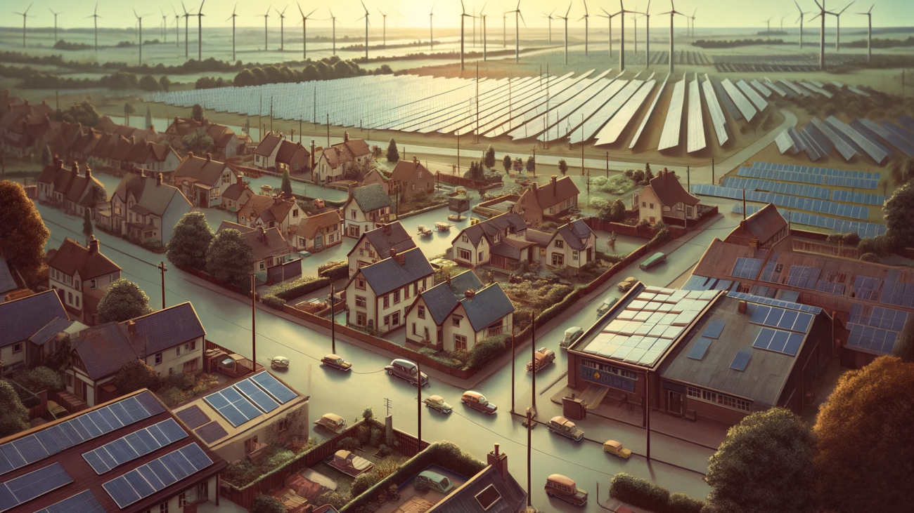 DALL·E 2024-06-28 18.11.59 - A 1960s themed wide image of a rural village with several solar plants situated over a wide area. The scene includes houses with rooftop solar panels,