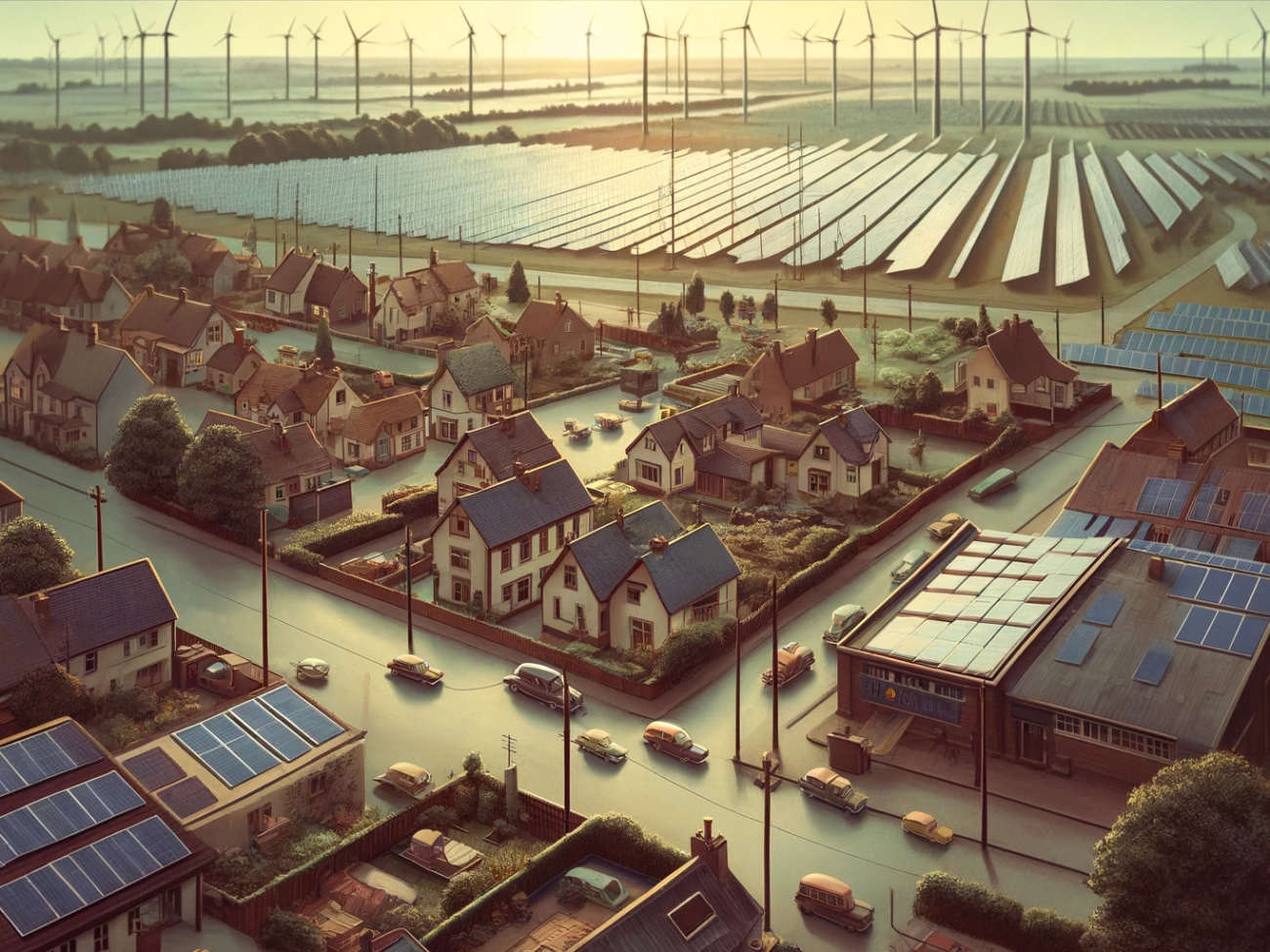 DALL·E 2024-06-28 18.11.59 - A 1960s themed wide image of a rural village with several solar plants situated over a wide area. The scene includes houses with rooftop solar panels,