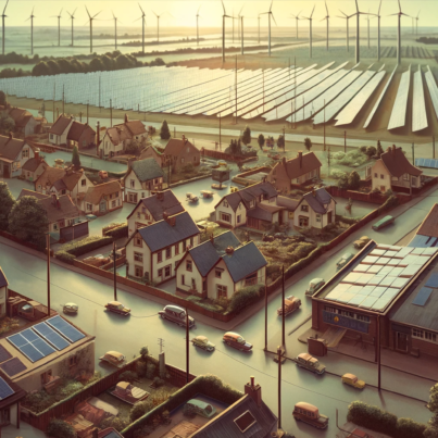 DALL·E 2024-06-28 18.11.59 - A 1960s themed wide image of a rural village with several solar plants situated over a wide area. The scene includes houses with rooftop solar panels,