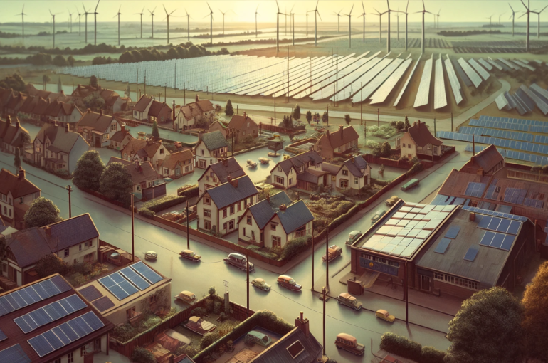 DALL·E 2024-06-28 18.11.59 - A 1960s themed wide image of a rural village with several solar plants situated over a wide area. The scene includes houses with rooftop solar panels,