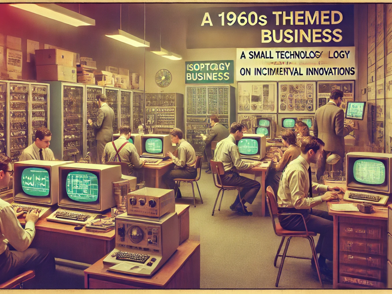 DALL·E 2024-06-28 18.33.27 - A 1960s themed wide image of a small technology-intensive business with a team working on incremental innovations. The scene includes people collabora