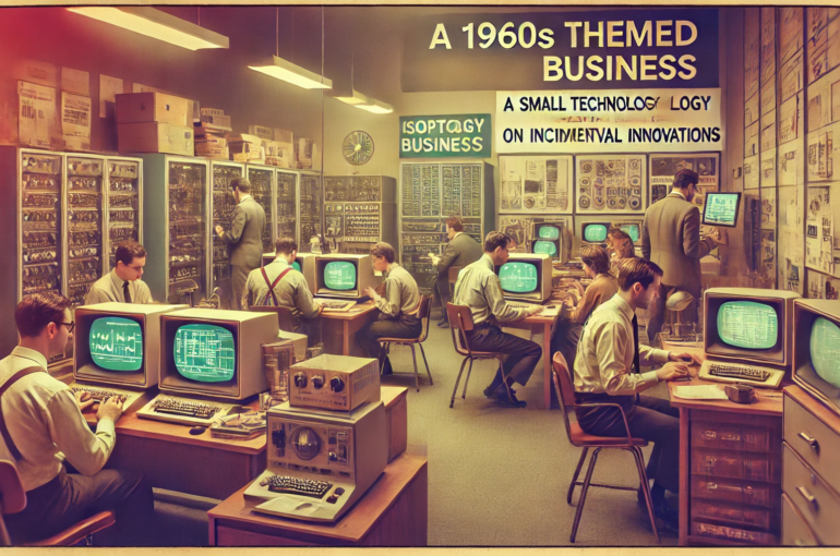 DALL·E 2024-06-28 18.33.27 - A 1960s themed wide image of a small technology-intensive business with a team working on incremental innovations. The scene includes people collabora