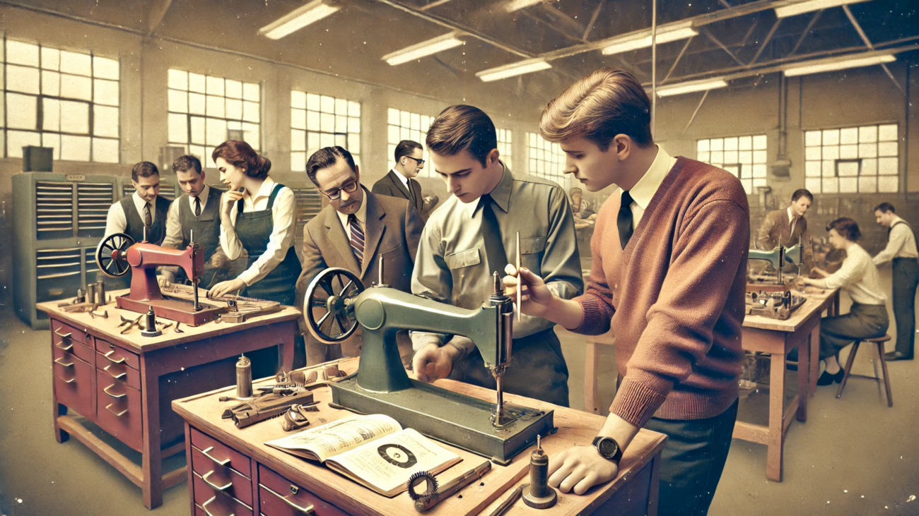 DALL·E 2024-06-28 18.41.30 - A 1960s themed wide image of adult learners working on a project in a workshop setting. The scene includes learners collaborating on a real-world prob