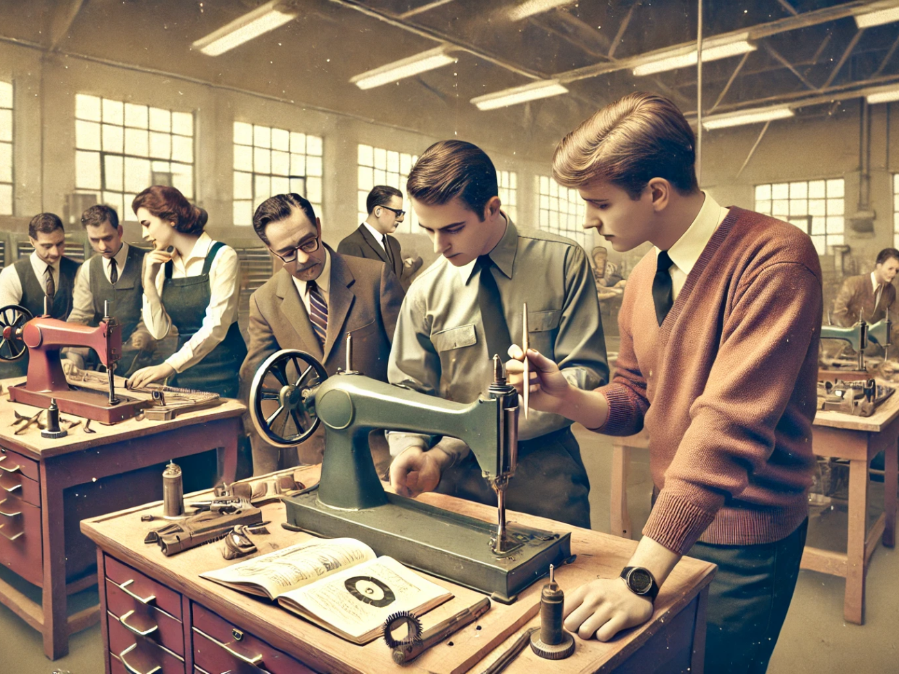 DALL·E 2024-06-28 18.41.30 - A 1960s themed wide image of adult learners working on a project in a workshop setting. The scene includes learners collaborating on a real-world prob