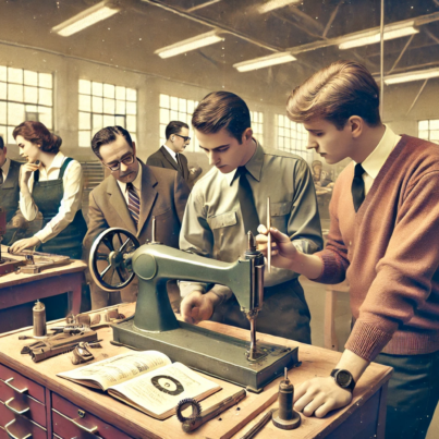 DALL·E 2024-06-28 18.41.30 - A 1960s themed wide image of adult learners working on a project in a workshop setting. The scene includes learners collaborating on a real-world prob