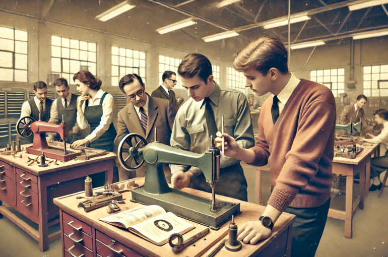 DALL·E 2024-06-28 18.41.30 - A 1960s themed wide image of adult learners working on a project in a workshop setting. The scene includes learners collaborating on a real-world prob