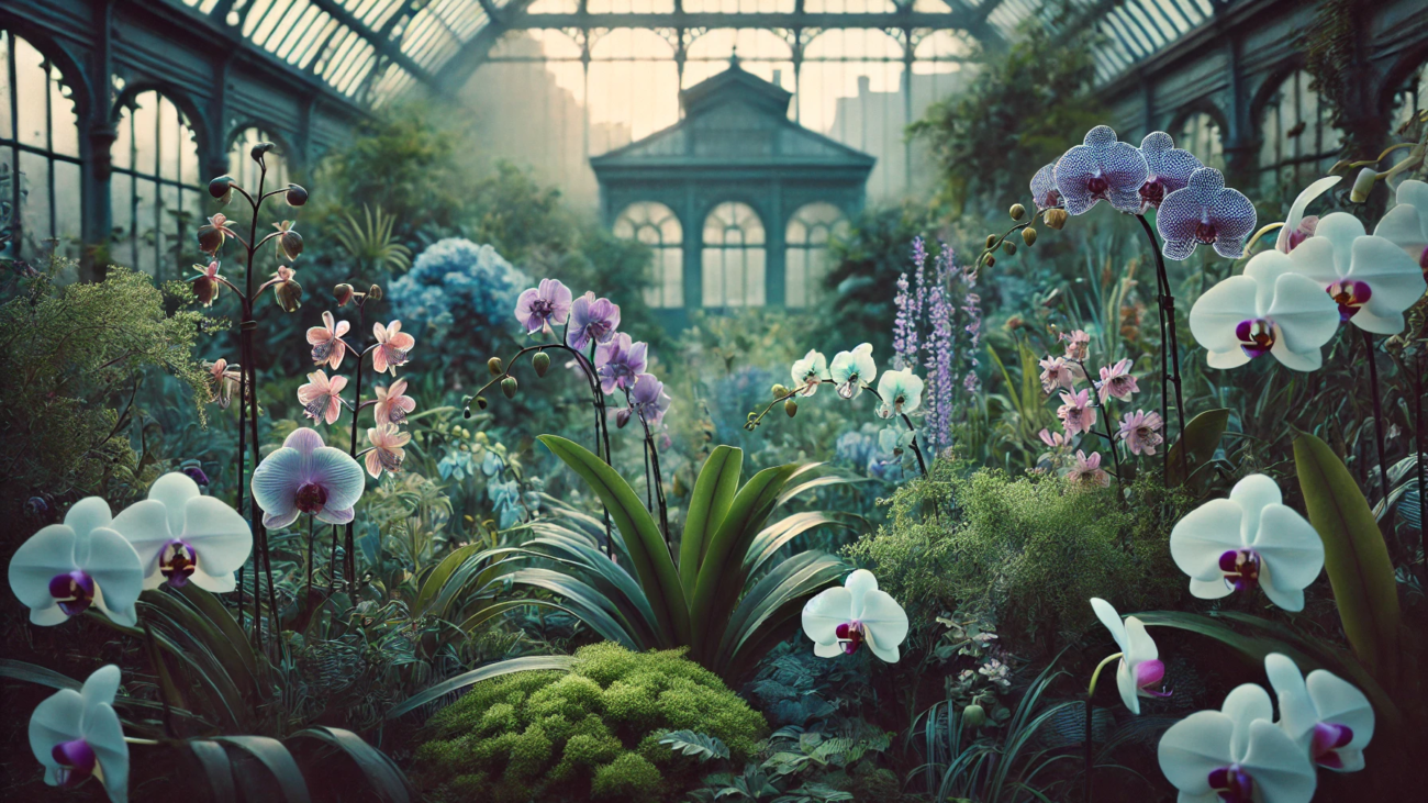 DALL·E 2024-06-29 09.01.29 - A serene orchid garden from the 2000s with muted colors. The garden has cool, muted tones with shades of green, purple, and blue. Delicate flowering o