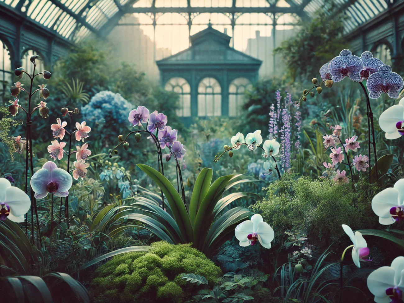 DALL·E 2024-06-29 09.01.29 - A serene orchid garden from the 2000s with muted colors. The garden has cool, muted tones with shades of green, purple, and blue. Delicate flowering o