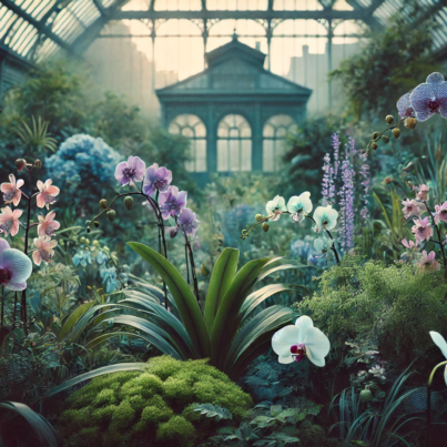 DALL·E 2024-06-29 09.01.29 - A serene orchid garden from the 2000s with muted colors. The garden has cool, muted tones with shades of green, purple, and blue. Delicate flowering o