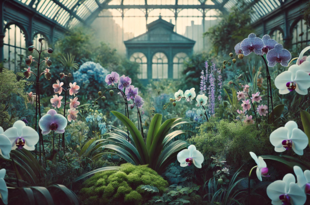 DALL·E 2024-06-29 09.01.29 - A serene orchid garden from the 2000s with muted colors. The garden has cool, muted tones with shades of green, purple, and blue. Delicate flowering o