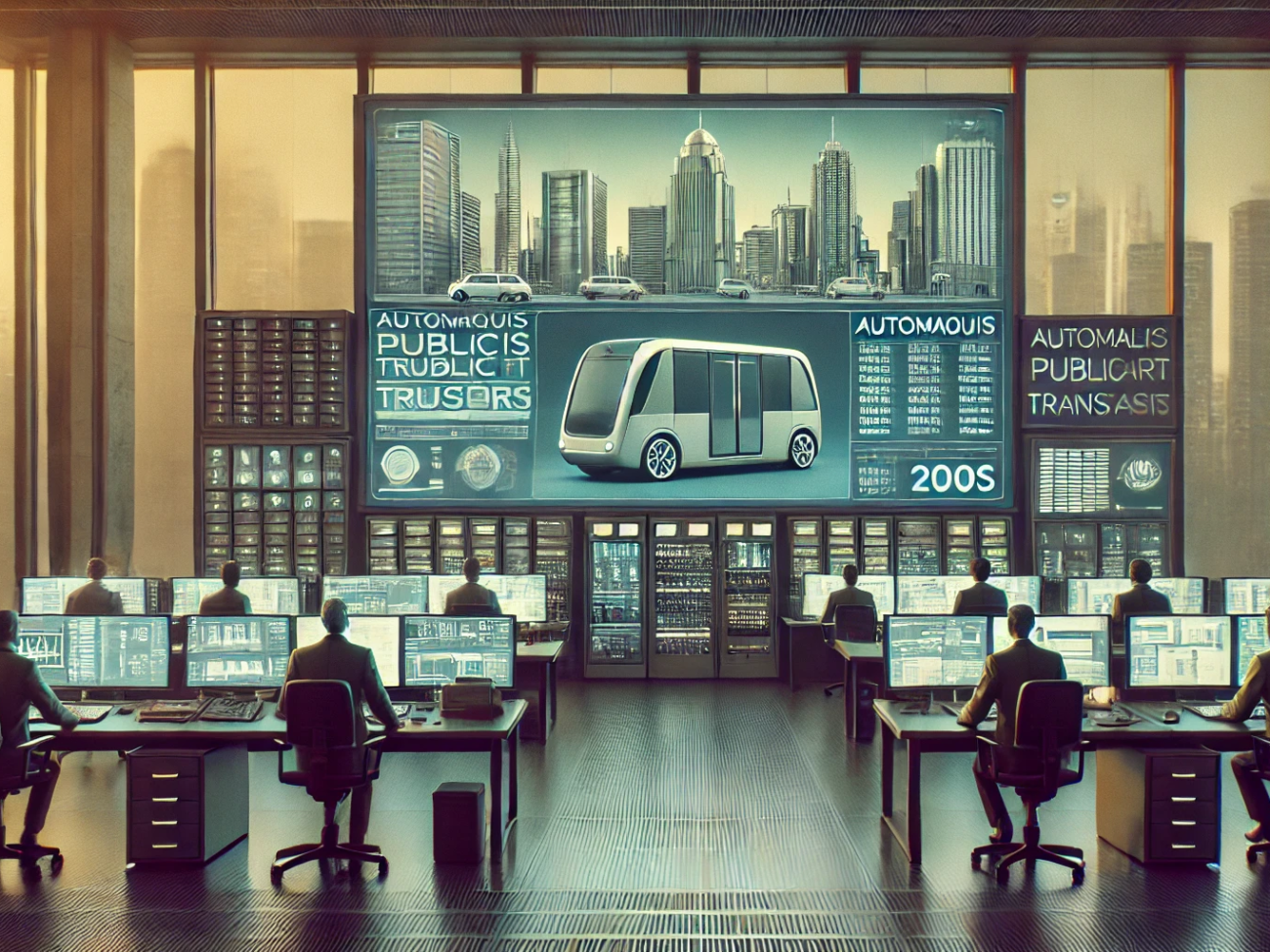 DALL·E 2024-06-29 09.12.24 - A modern control room from the 2000s with muted colors, managing an autonomous public transport system. Engineers, security professionals, and mainten