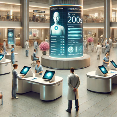 DALL·E 2024-06-29 09.19.58 - A futuristic hospital reception area from the 2000s with muted colors. The reception is equipped with AI-powered kiosks and virtual assistants helping