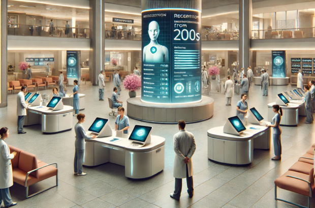 DALL·E 2024-06-29 09.19.58 - A futuristic hospital reception area from the 2000s with muted colors. The reception is equipped with AI-powered kiosks and virtual assistants helping