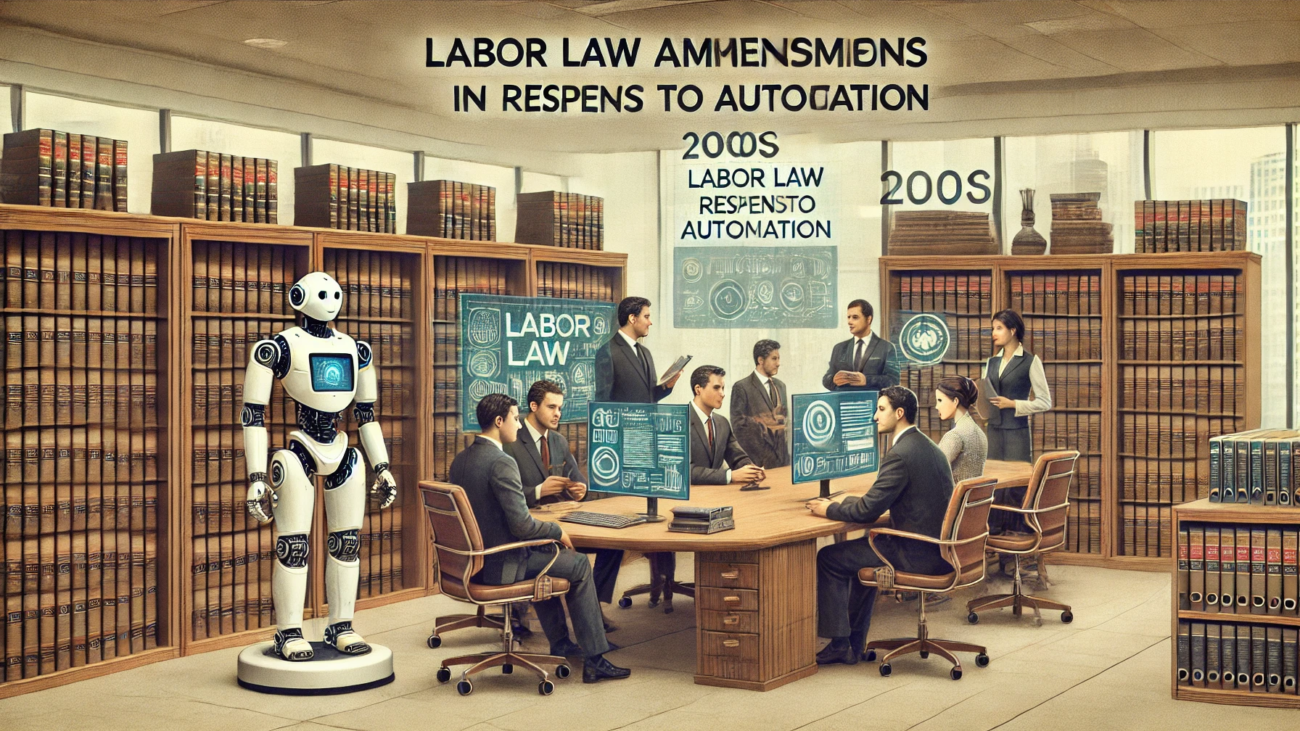 DALL·E 2024-06-29 09.49.28 - A 2000s style legal office environment with muted colors, showcasing discussions on labor law amendments in response to automation. Lawyers and policy